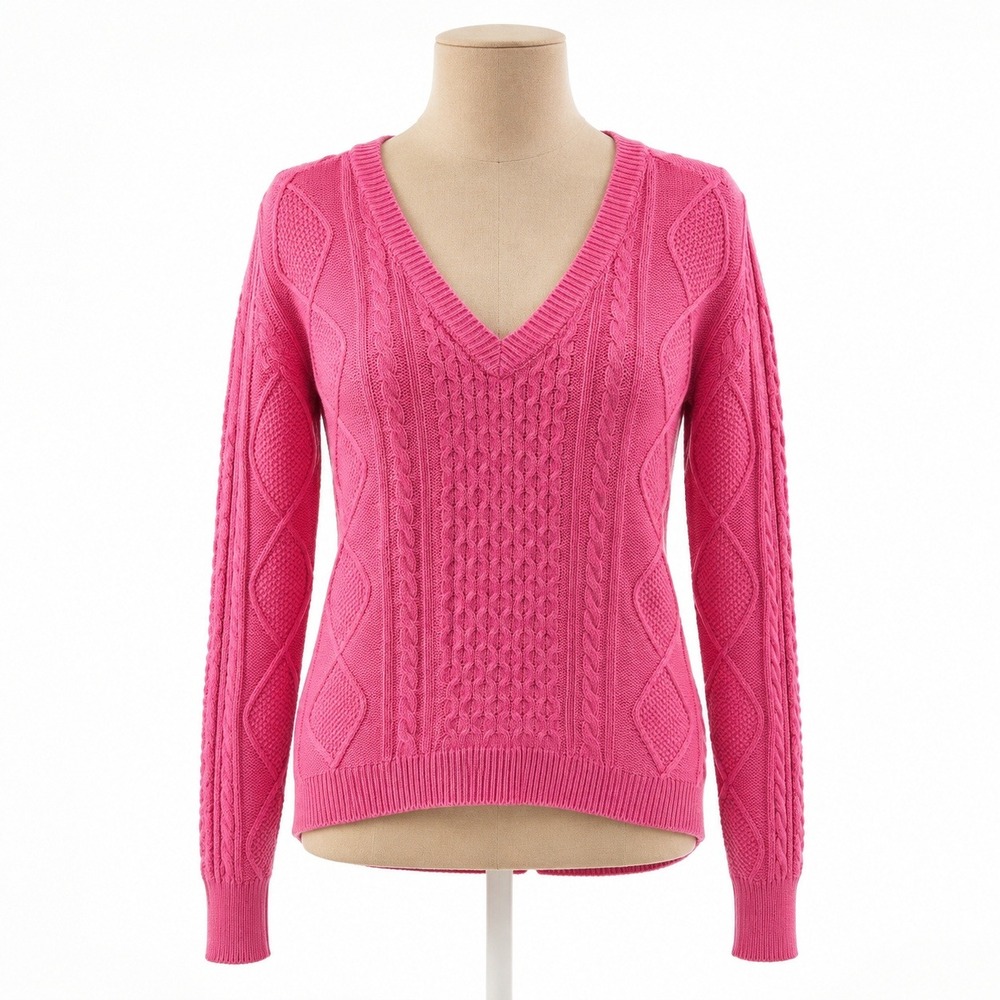 Y2K Cable Knit 100% Cotton Sweater Size M Pink Fitted Preppy Classic V Neck